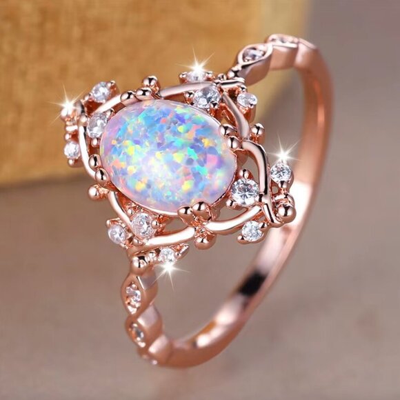 NEW 14k Rose Gold White Opal Ring Dainty Diamond Opal Ring - Picture 4 of 8